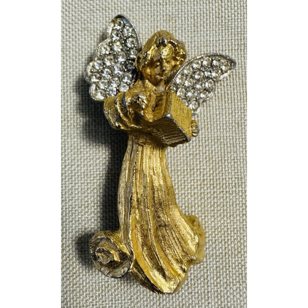 Vintage Benedikt NYC Gold Tone Angel Brooch Rhinestone Wings‎ Figural Pin
